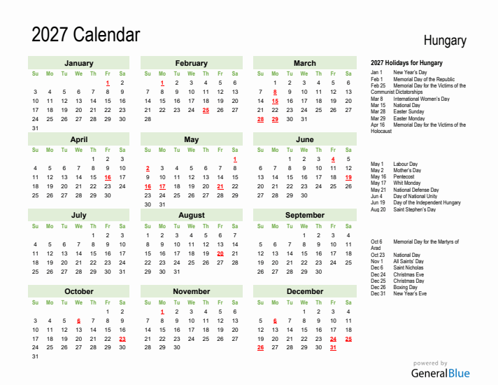 Holiday Calendar 2027 for Hungary (Sunday Start)