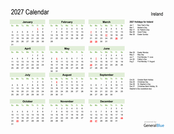 Holiday Calendar 2027 for Ireland (Sunday Start)