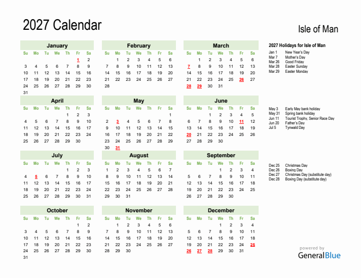 Holiday Calendar 2027 for Isle of Man (Sunday Start)