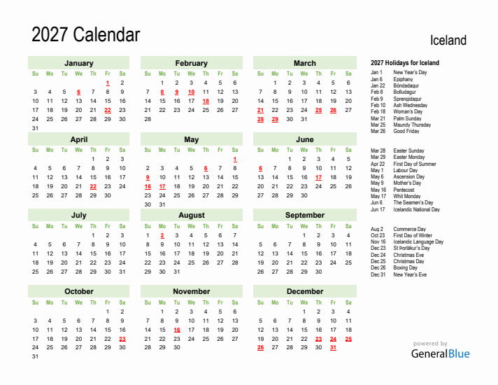 Holiday Calendar 2027 for Iceland (Sunday Start)