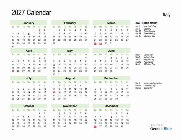 Holiday Calendar 2027 for Italy (Sunday Start)