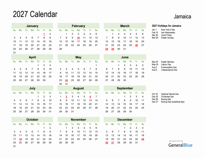 Holiday Calendar 2027 for Jamaica (Sunday Start)