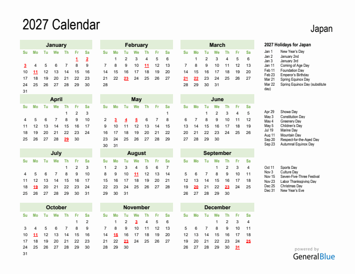 Holiday Calendar 2027 for Japan (Sunday Start)