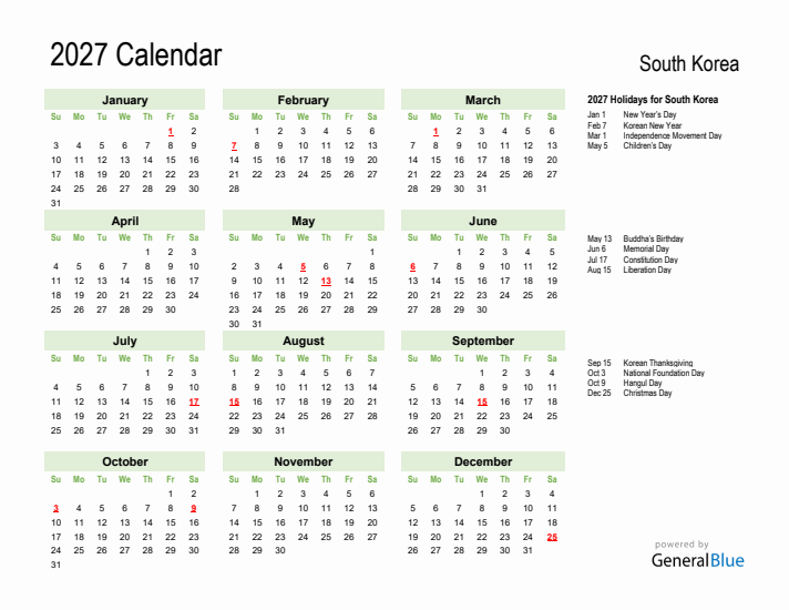 Holiday Calendar 2027 for South Korea (Sunday Start)