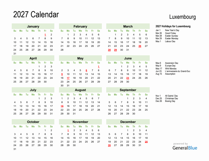 Holiday Calendar 2027 for Luxembourg (Sunday Start)