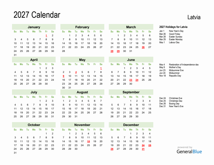 Holiday Calendar 2027 for Latvia (Sunday Start)