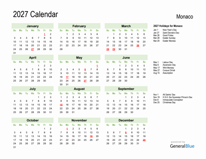 Holiday Calendar 2027 for Monaco (Sunday Start)