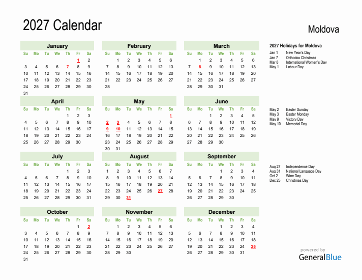 Holiday Calendar 2027 for Moldova (Sunday Start)