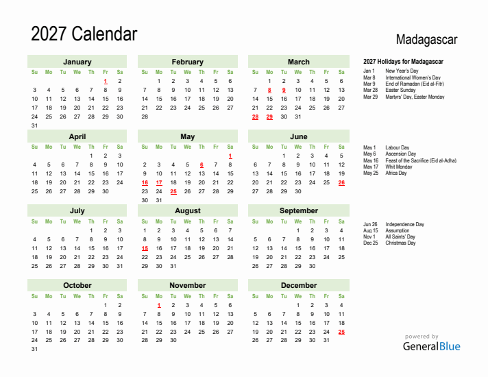 Holiday Calendar 2027 for Madagascar (Sunday Start)