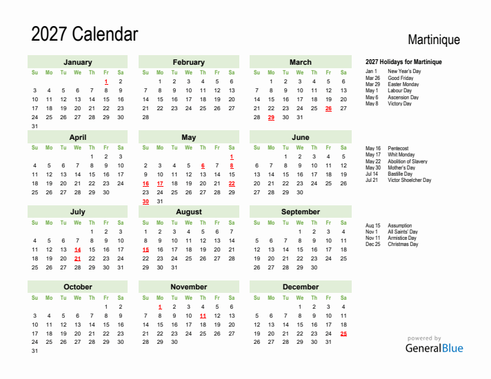 Holiday Calendar 2027 for Martinique (Sunday Start)