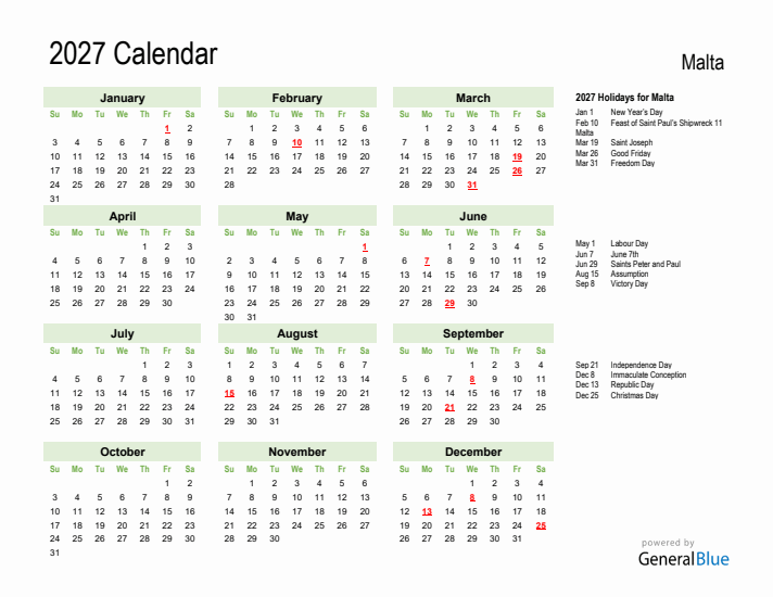 Holiday Calendar 2027 for Malta (Sunday Start)