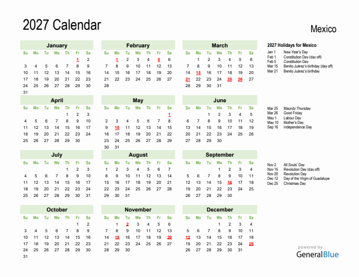 Holiday Calendar 2027 for Mexico (Sunday Start)