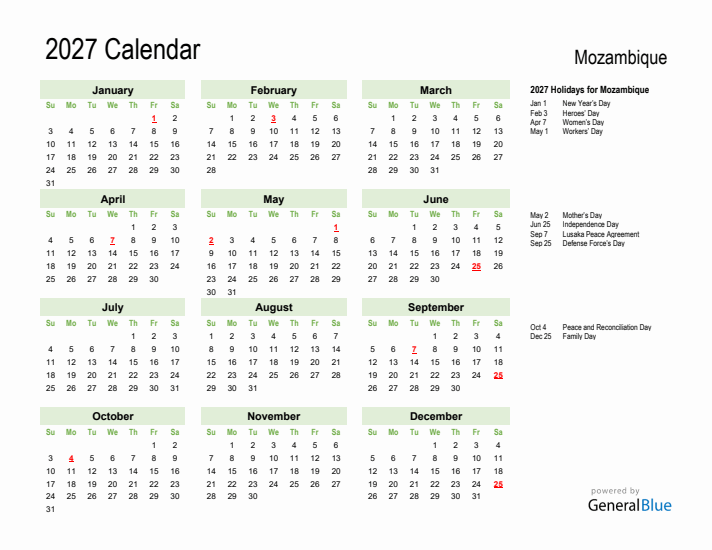 Holiday Calendar 2027 for Mozambique (Sunday Start)
