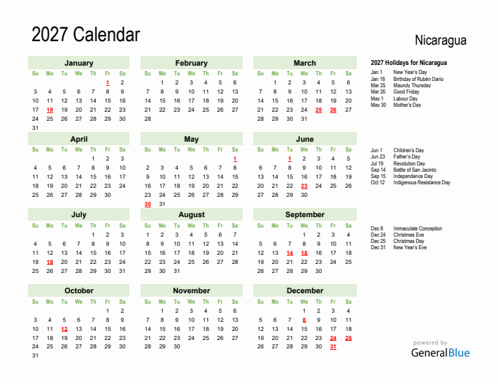 Holiday Calendar 2027 for Nicaragua (Sunday Start)