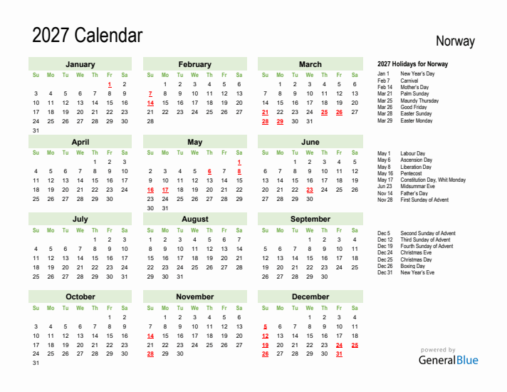 Holiday Calendar 2027 for Norway (Sunday Start)