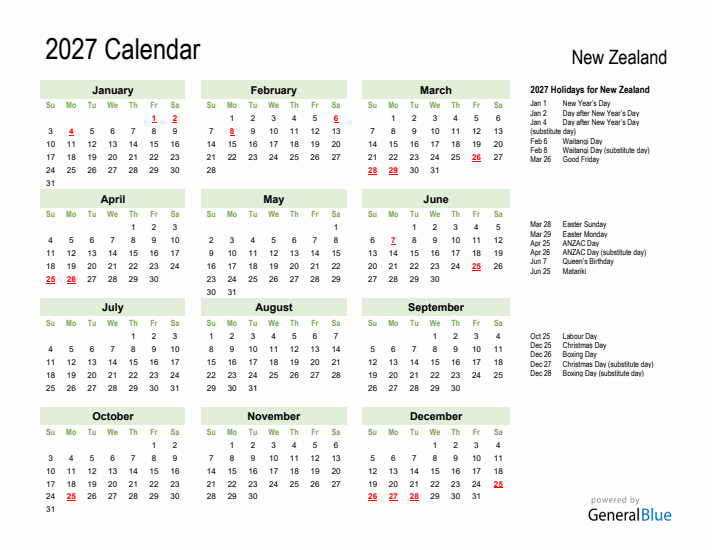 Holiday Calendar 2027 for New Zealand (Sunday Start)