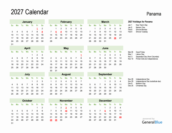 Holiday Calendar 2027 for Panama (Sunday Start)