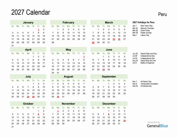 Holiday Calendar 2027 for Peru (Sunday Start)