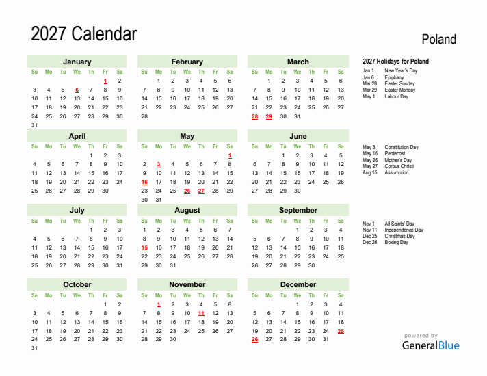 Holiday Calendar 2027 for Poland (Sunday Start)