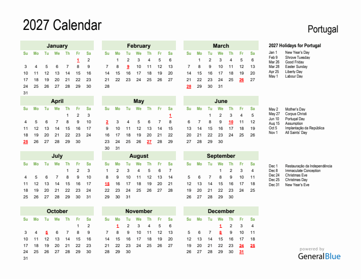 Holiday Calendar 2027 for Portugal (Sunday Start)