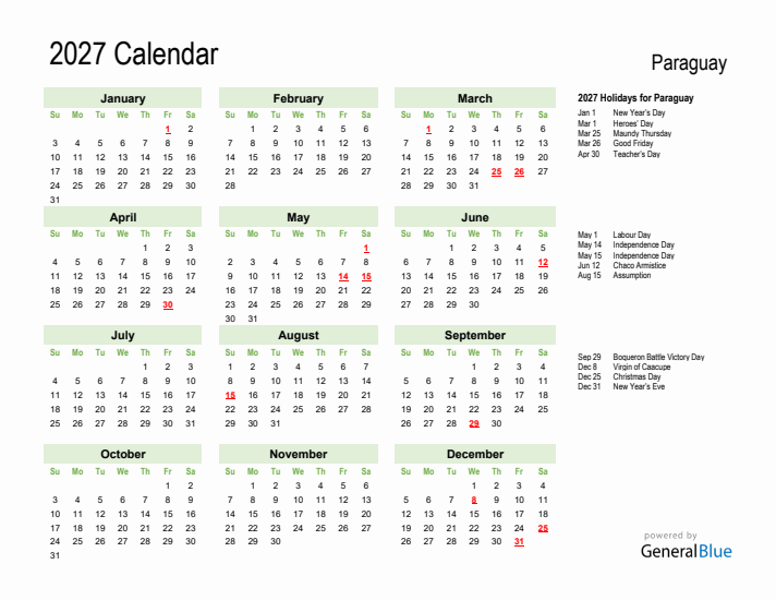 Holiday Calendar 2027 for Paraguay (Sunday Start)