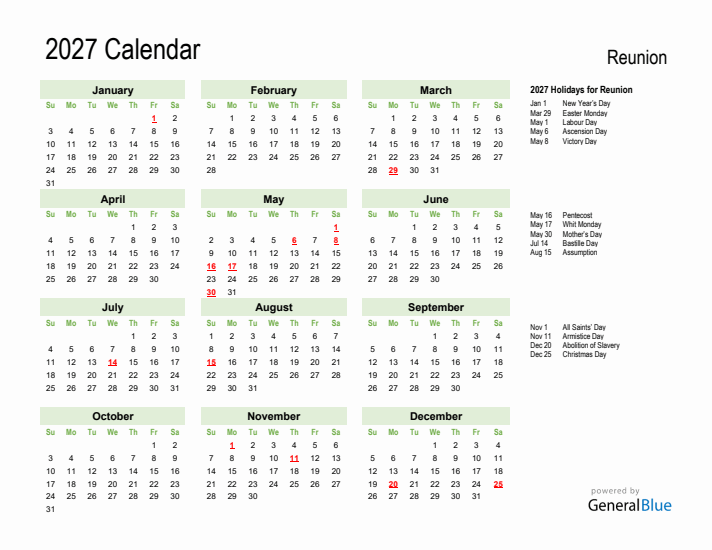 Holiday Calendar 2027 for Reunion (Sunday Start)