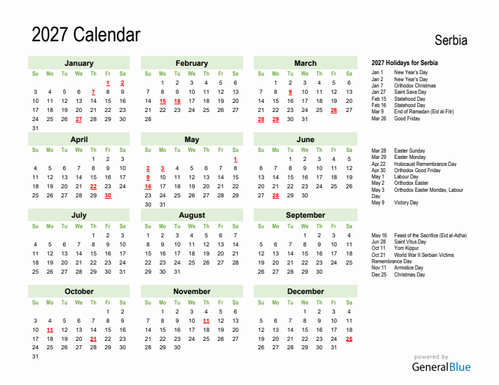 Holiday Calendar 2027 for Serbia (Sunday Start)