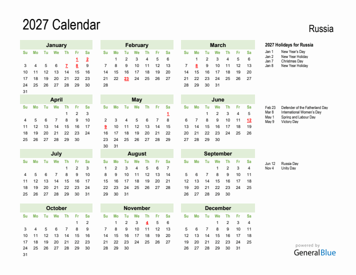 Holiday Calendar 2027 for Russia (Sunday Start)