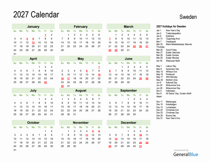 Holiday Calendar 2027 for Sweden (Sunday Start)