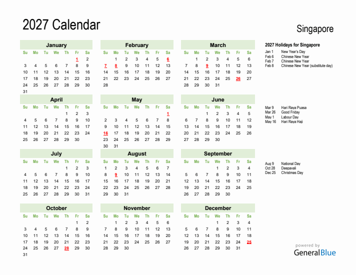 Holiday Calendar 2027 for Singapore (Sunday Start)