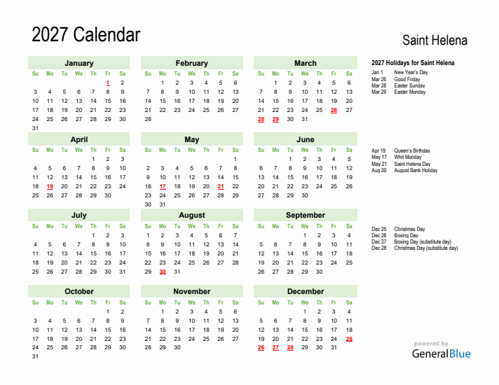 Holiday Calendar 2027 for Saint Helena (Sunday Start)