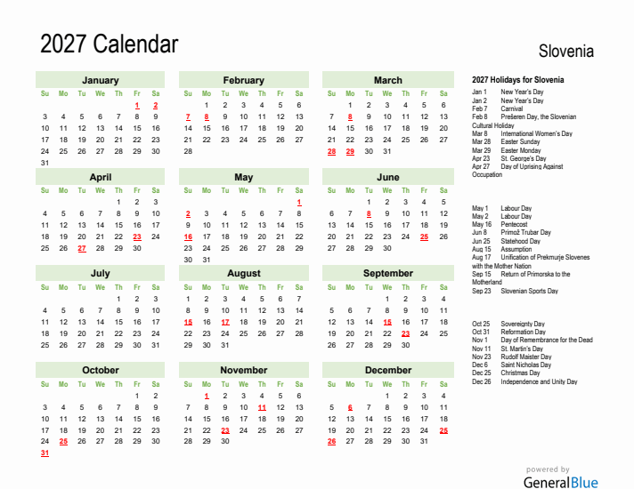 Holiday Calendar 2027 for Slovenia (Sunday Start)