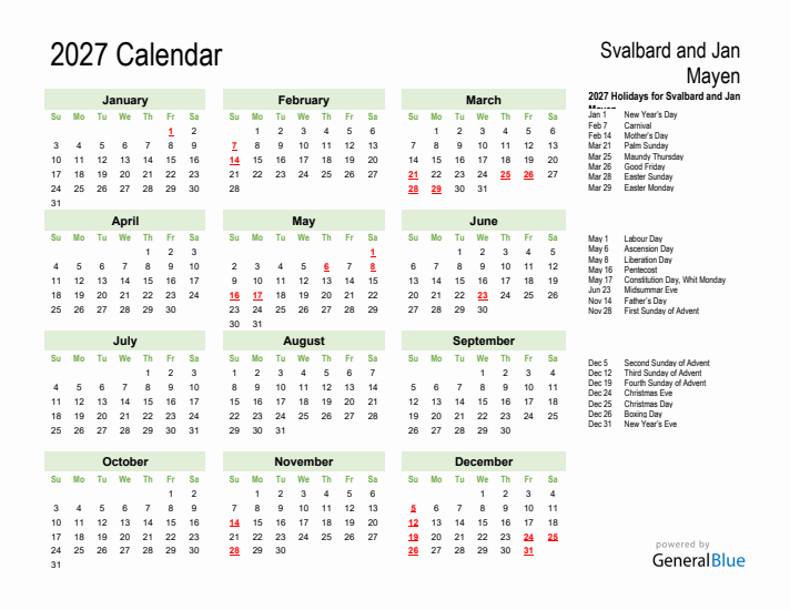 Holiday Calendar 2027 for Svalbard and Jan Mayen (Sunday Start)