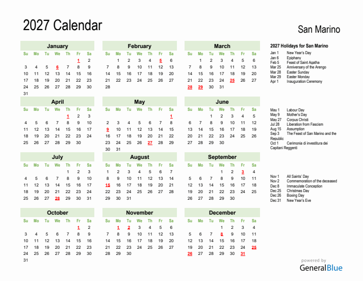 Holiday Calendar 2027 for San Marino (Sunday Start)