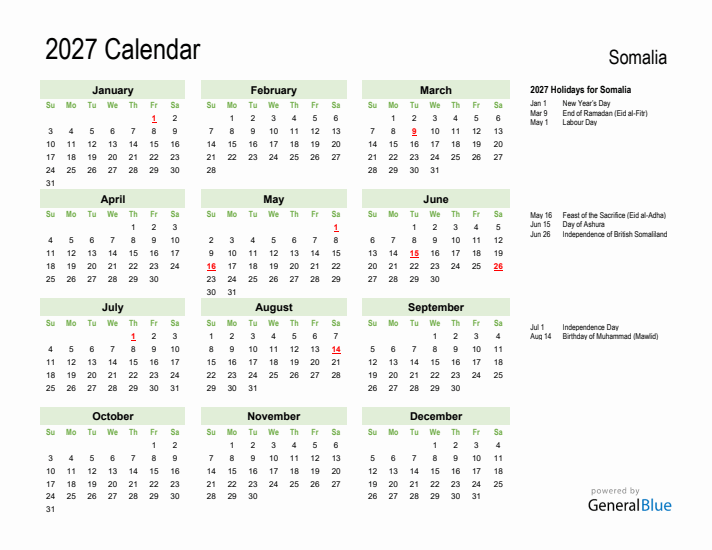Holiday Calendar 2027 for Somalia (Sunday Start)