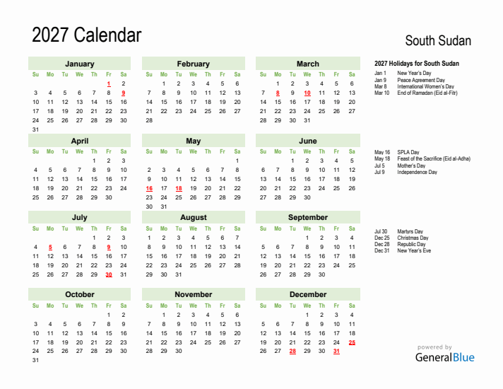 Holiday Calendar 2027 for South Sudan (Sunday Start)