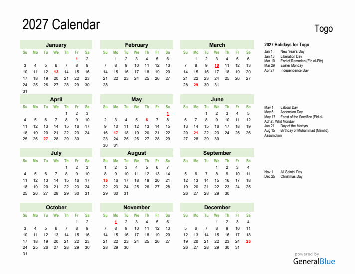 Holiday Calendar 2027 for Togo (Sunday Start)