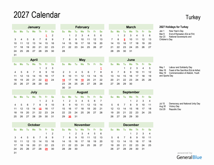 Holiday Calendar 2027 for Turkey (Sunday Start)
