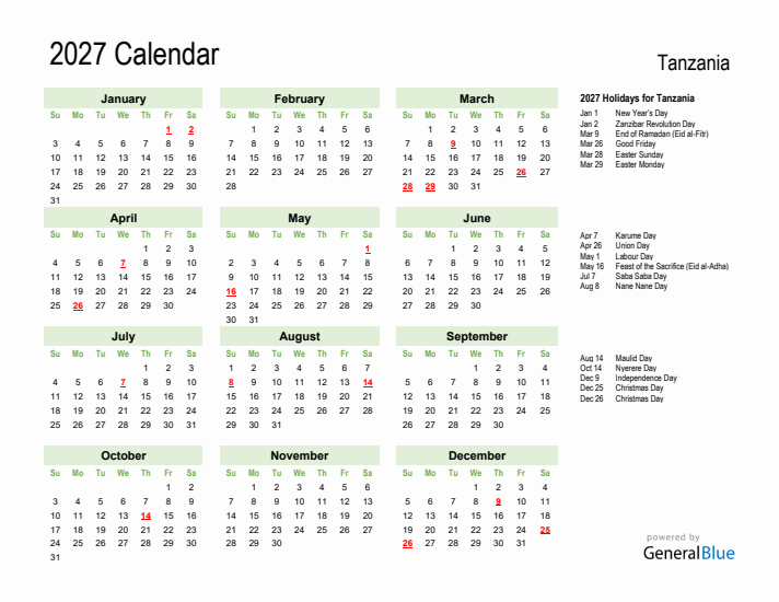 Holiday Calendar 2027 for Tanzania (Sunday Start)
