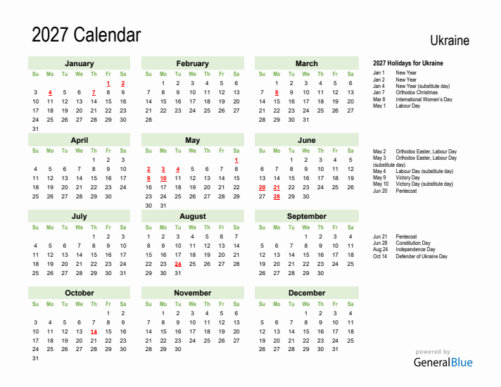 Holiday Calendar 2027 for Ukraine (Sunday Start)