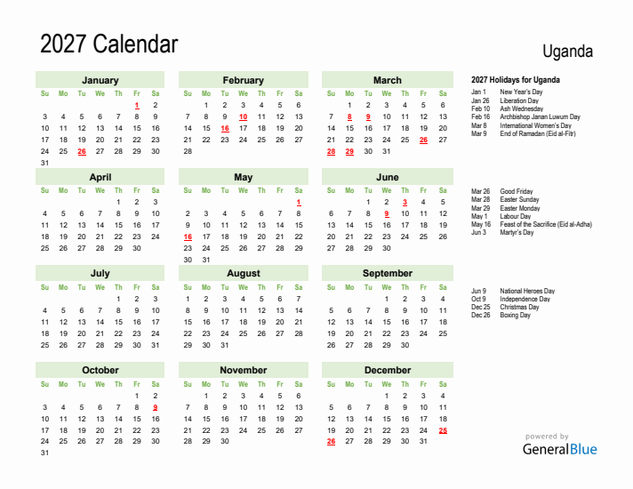 Holiday Calendar 2027 for Uganda (Sunday Start)