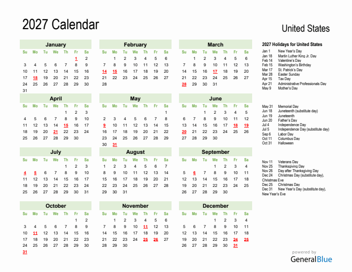 Holiday Calendar 2027 for United States (Sunday Start)