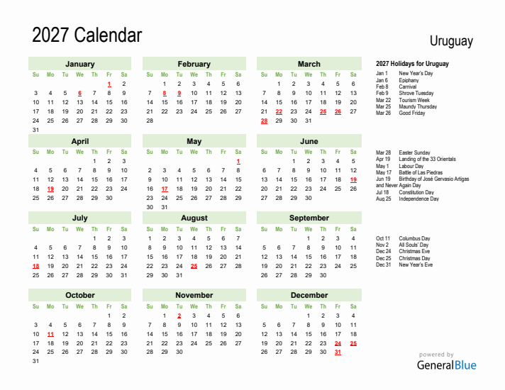 Holiday Calendar 2027 for Uruguay (Sunday Start)