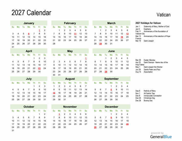 Holiday Calendar 2027 for Vatican (Sunday Start)