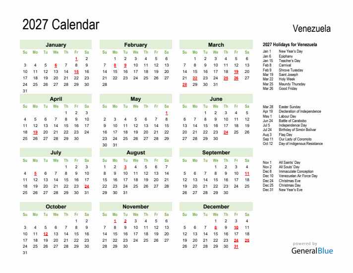 Holiday Calendar 2027 for Venezuela (Sunday Start)
