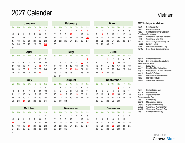 Holiday Calendar 2027 for Vietnam (Sunday Start)