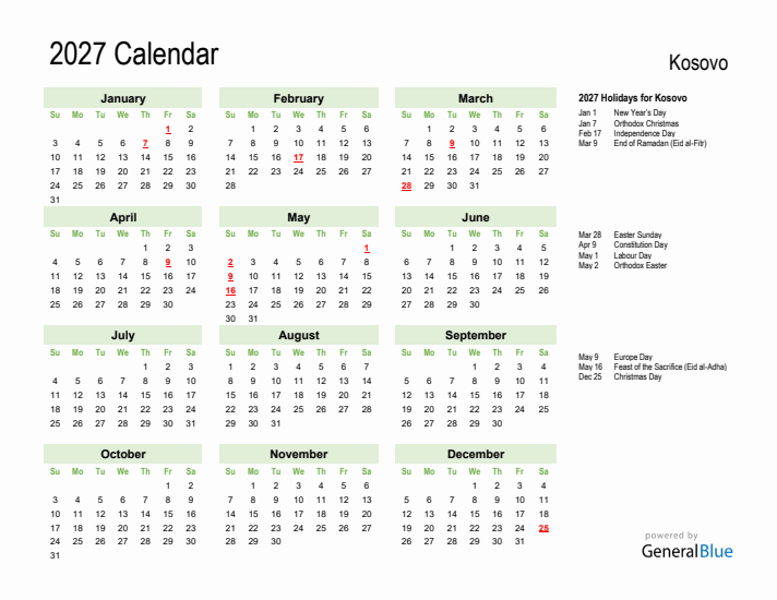 Holiday Calendar 2027 for Kosovo (Sunday Start)