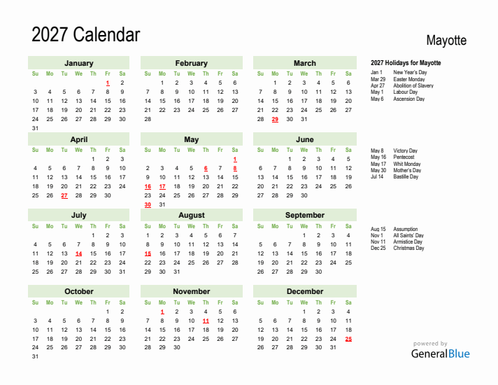 Holiday Calendar 2027 for Mayotte (Sunday Start)