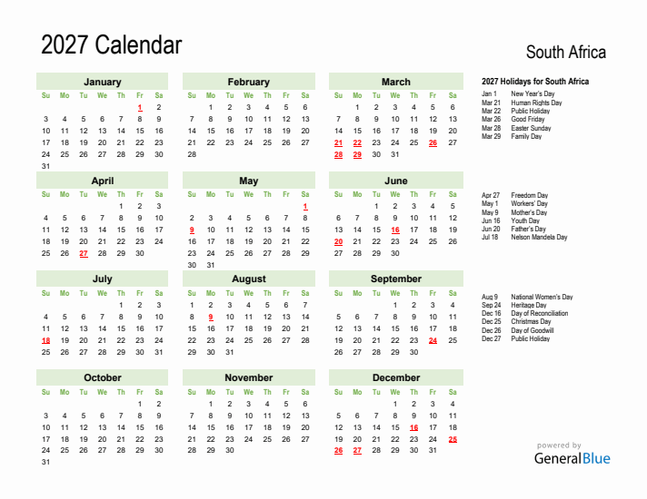 Holiday Calendar 2027 for South Africa (Sunday Start)