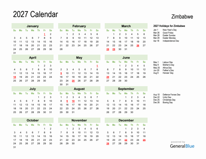 Holiday Calendar 2027 for Zimbabwe (Sunday Start)